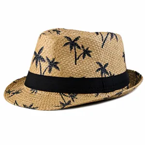 Men's straw Fedora sun hat with black palm tree pattern and fabric ribbon band