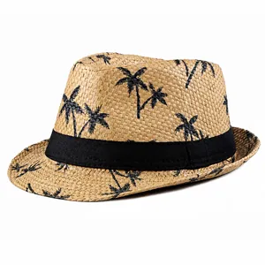 Strohoed Fedora voor heren met zwart palmenpatroon en een stoffen decoratieve band