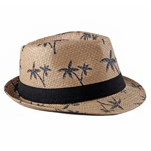 Classic straw fedora hat with tropical palm tree print and black decorative ribbon band