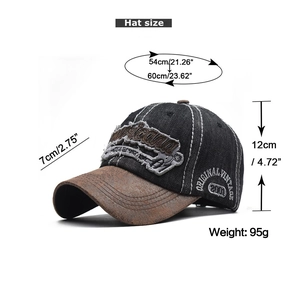 Detailed dimensions of the vintage washed denim baseball cap with size measurements