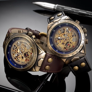 Vintage Herren Skelettuhr Automatik in Antikbronze mit Lederarmband, edles Design.