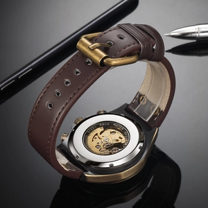 Retro-Automatik-Skelettuhr für Herren mit braunem Lederarmband in Bronze-Optik