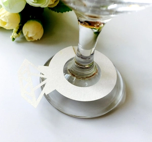 Elegant white diamond ring shape laser-cut paper wine glass place cards for wedding