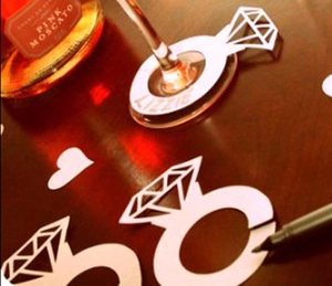 Close-up of white diamond ring paper glass marker with handwritten name for weddings
