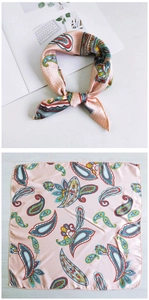 Pink silk square scarf with paisley pattern shown in knotted and flat layout views