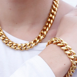 Men's golden stainless steel Cuban link chain necklace and bracelet jewelry set