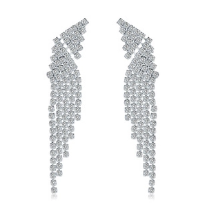 Detailed close-up of long silver tassel earrings with sparkling crystal rhinestones