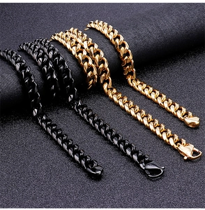 Detailed view of polished Cuban link chains in gold and black finishes for men