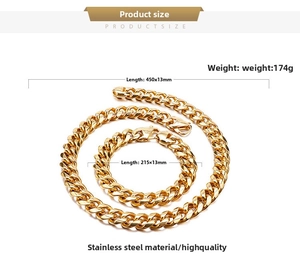 Detail of gold stainless steel Cuban link chain necklace and bracelet set with dimensions
