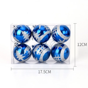 Set of 6 blue Christmas balls with silver glitter pine patterns in 17.5x12cm box