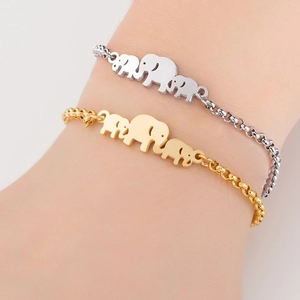 Stainless Steel Elephant Family Charm Bracelet For Women Korean Simple Style Animal Jewelry Adjustable Link Chain
