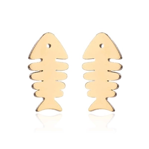 Minimalist golden stainless steel fishbone stud earrings on a clean white background