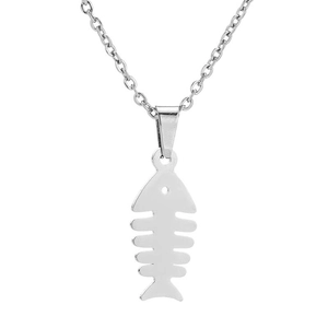 Detailed view of a silver fishbone pendant necklace with a minimalist fine metal chain