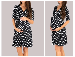 Vestido premamá negro con lunares blancos y lazo en la cintura para un ajuste cómodo