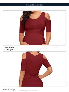 Detail of burgundy off-shoulder maternity pencil dress showing crew neck and sleeve texture