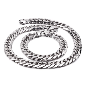 Polished stainless steel Cuban chain necklace and bracelet set on a white background