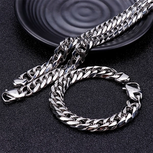 Polished silver stainless steel cuban curb chain necklace and bracelet set for men