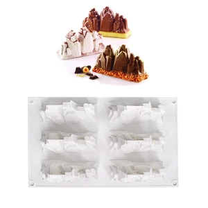 Detailed 6-cavity white silicone mold for mountain-shaped mousse cake and dessert making