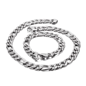 Polished silver Figaro link chain necklace and bracelet set with lobster clasp closure