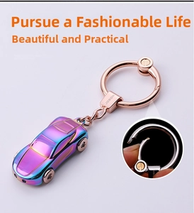 Detail view of colorful car keychain with LED light and metal ring clip mechanism