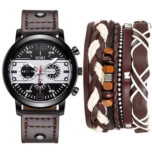 Detail of SOKI men's watch with brown leather strap and multi-layer braided bracelet