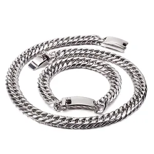 Men Stainless Steel Cuban Link Chain Necklace And Bracelet Hip Hop Punk Chunky Polished Jewelry Accessory