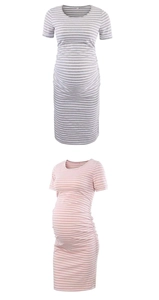 Detail of maternity dress featuring side ruching and striped fabric for pregnancy comfort