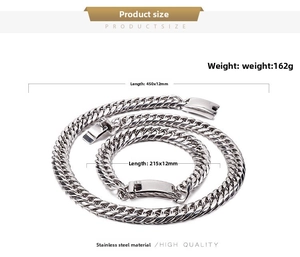 Detailed view of 12mm stainless steel curb chain necklace and bracelet jewelry set