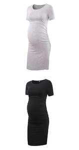 Detail view of side-ruched maternity dress showing grey and black cotton knit fabric