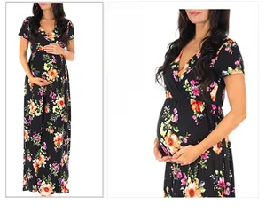 Front and side view of floral maternity maxi dress with V-neck and high waistline