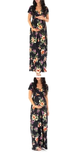 Detailed view of black floral maternity maxi dress with V-neck and short sleeves