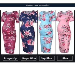 Floral maternity dress color options in wine red, royal blue, sky blue and pink rose prints