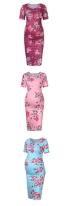Three-color floral print maternity dresses showing ruched sides and crew neckline details