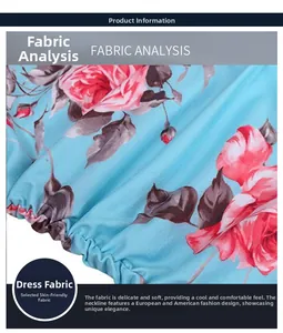 Detail view of blue summer maternity dress fabric with pink floral rose print texture