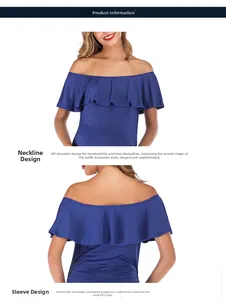 Detail of off-the-shoulder ruffle neckline on dark blue maternity dress for women