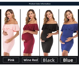 Off-shoulder ruffle maternity dresses in pink, wine red, black, and blue options