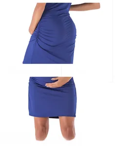 Detail of royal blue maternity dress featuring elastic side ruching and premium stitching