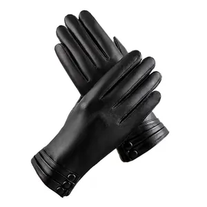 Women's Winter PU Leather Gloves Warm Plush Lined Touchscreen Driving Gloves With Three Buttons Decor For Outdoor Riding