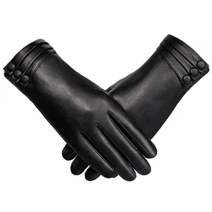 Women's black thermal PU leather gloves with touch screen fingers and three button cuff