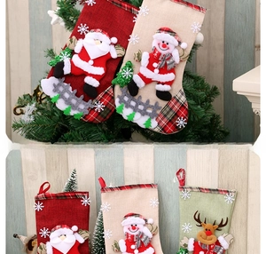 Detail of Christmas stocking featuring 3D Santa, Snowman and Reindeer with plaid trim