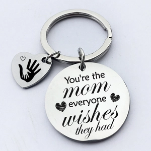 Stainless steel Mothers Day keychain with engraved heartwarming quote on silver pendant