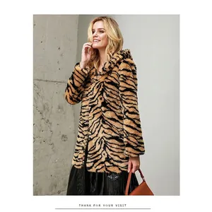Chic tiger print long faux fur coat for women with hood and fluffy texture