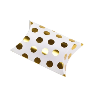 Mini pillow gift box with elegant gold foil polka dots on a premium white paper background