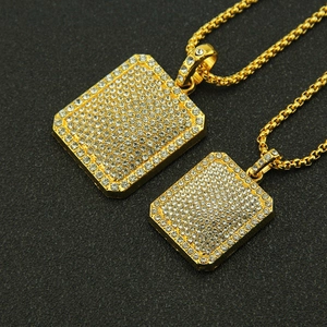 Men's hip hop gold finish square dog tag necklace set with cubic zirconia stones