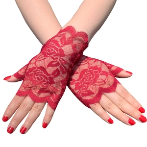 Elegant red lace fingerless gloves with floral rose patterns for summer sun protection