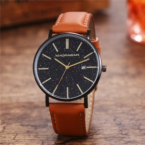 Detail of Khorasan quartz watch with starry black dial, date window and brown leather strap