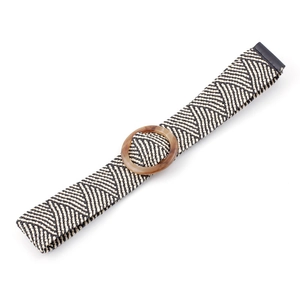 Elastic woven belt with black and white patterns and round tortoiseshell buckle