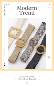 Detail view of woven straw belts in white, khaki, and black with geometric buckles