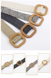 Detailed view of woven belts with square wooden buckles in beige, black, and khaki tones