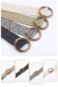 Detail of woven elastic belts in four colors featuring stylish round tortoiseshell buckles